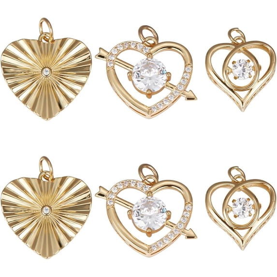 1 Box 9Pcs 3 Style Heart Charms 18K Gold Plated Cubic Zirconia Hollow Mini Love Heart Shaped with Arrow Dangle Charms Pendants Craft Supplies Hole: 3.5~4mm DIY
