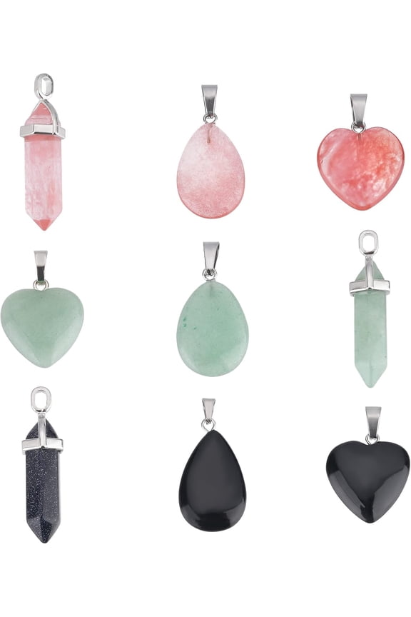 1 Box 9Pcs 9 Style Heart Stone Charms Set Natural Green Healing Stone Pendants Teardrop Natural Green Aventurine Gemstone Beads for Jewelry Making Crafts