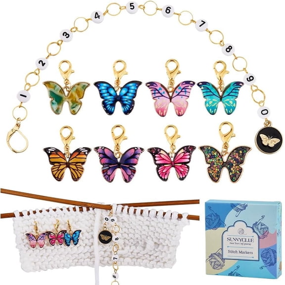 1 Box 9Pcs Crochet Stitch Marker Set Stitch Markers Crochet Stitch Marker Charms Enamel Butterfly Knitting Markers Number 0-9 Knitting Row Counter Chains for Knitting Weaving Sewing Multi-color