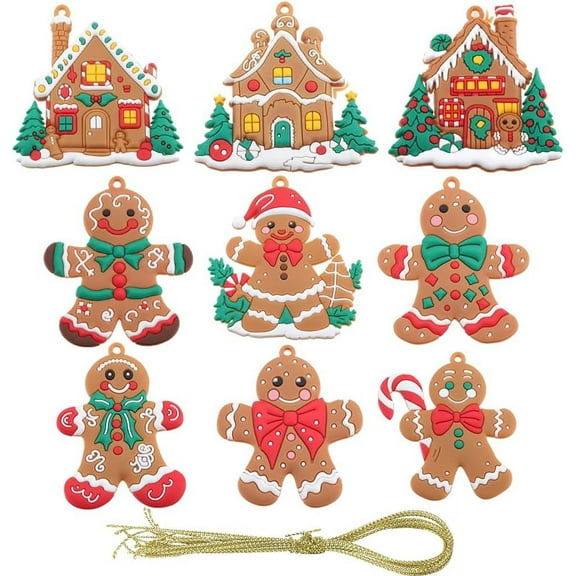 1 Box 9Pcs Gingerbread House Ornament Gingerbread Man Ornaments Plastic Snowman Cookie House Xmas Ornaments Winter Mini Tree Decorations DIY for Christmas Tree Home Party Hanging Supplies