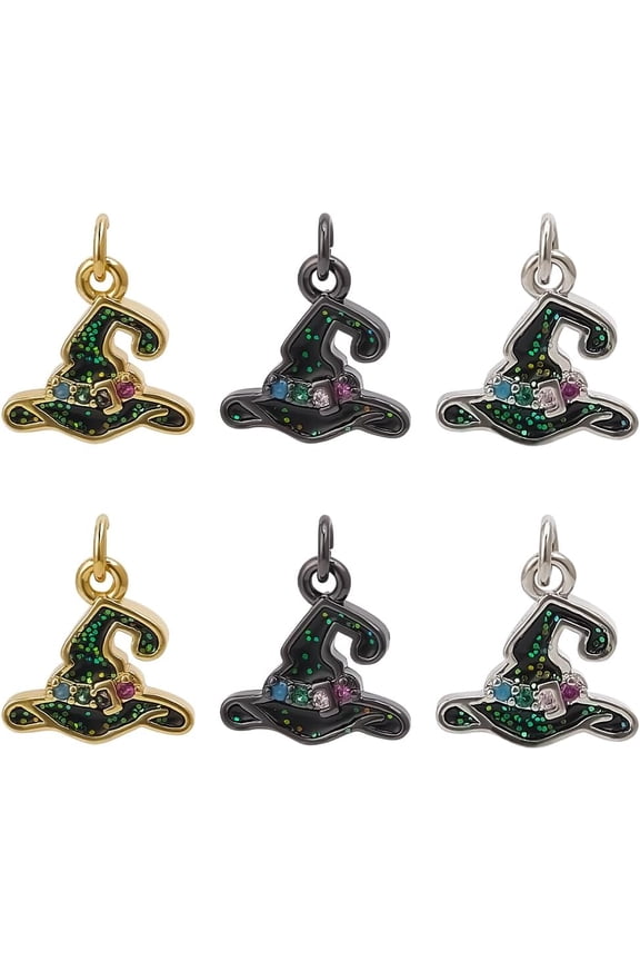 1 Box 9Pcs Wizard Hat Charms Real 18K Gold Plated Cubic Zirconia Hats Charms Black Enamel Gothic Hat Charms for DIY Earrings Bracelets Necklace Jewelry Making