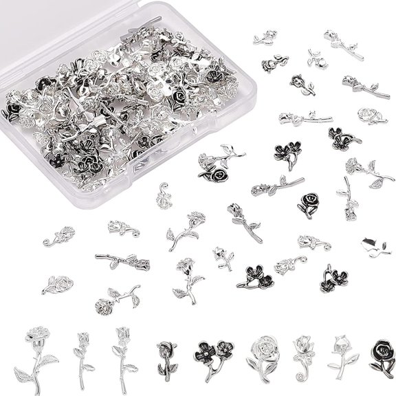 1 Box Alloy Cabochons Nail Art Decoration Accessories DIY Epoxy Resin Material Filling Cadmium Free Rose Shape Silver & Silver 135pcs/box