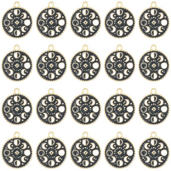 1 Box Alloy Enamel Pendants Flat Round with Moon ase Charm Black 23x20x1mm Hole: 2mm 20pcs/box