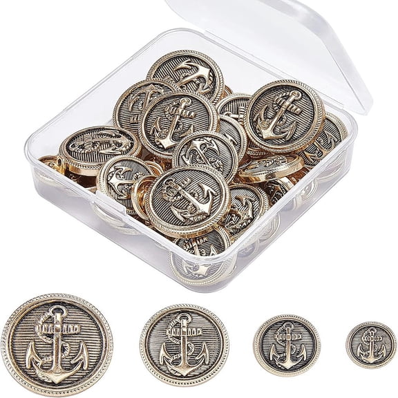 1 Box Alloy Shank Buttons Flat Round with Anchor Antique Golden 11.5~24.5x7.5~10.5mm Hole: 2mm 40pcs/box