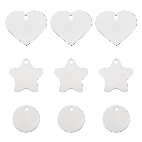 1 Box Aluminum Pendants Blank Tags Heart & Flat Round & Star Platinum 33x37.5x1mm Hole: 3.5mm 30pcs/box