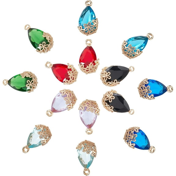 1 Box Assorted Teardrop Charms Flower Wrapped Birthstone Beads Transparent Glass Waterdrop Rhinestone Bead Charms for DIY Making