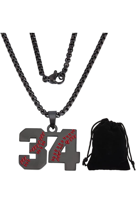 1 Box Baseball Necklace 667 Stainless Steel Chain Necklaces 201 Stainless Steel Baseball Number 0-99 Pendant Necklaces with Velvet Pouches for Men Women (23.46 inch(59.6cm)