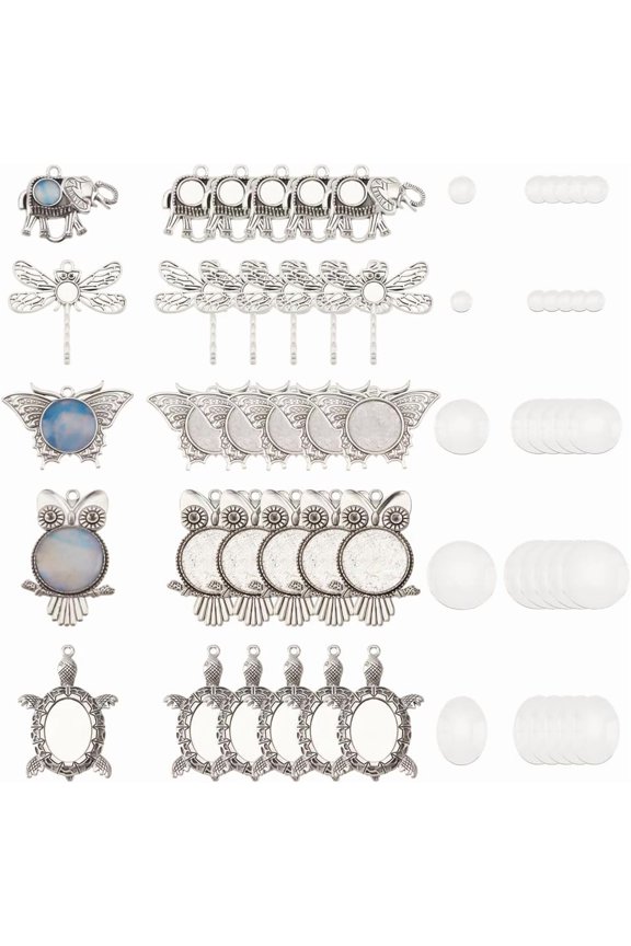 1 Box Blank Dome Pendant Making Kit Including Turtle & Butterfly & Elephant & Owl & Dragonfly Alloy Glass Cabochons Silver 60Pcs/box