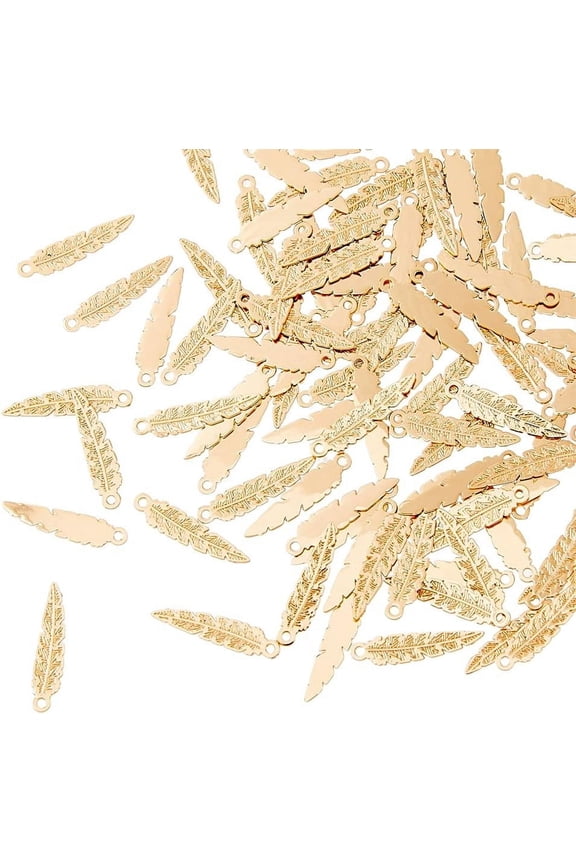 1 Box Brass Pendants Etched Metal Embellishments Feather Light Gold 17x4x0.3mm Hole: 1mm 150pcs/box
