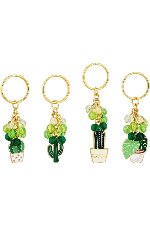 1 Box Cactus/Leaf Potting Alloy Enamel Pendant Keychain with Acrylic Beads for Car Bag Pendant Decoration Key Chain Plants Pattern 7.9~9.3cm for DIY