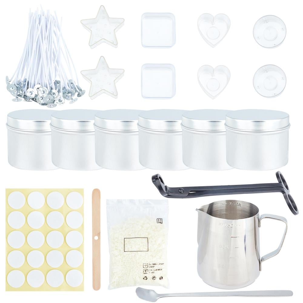 1 Box Candle Making Including Soy Wax Stainless Steel Cup & Handle Spoons & Wick Scissor & Wood Sticks Paper Stickers Plastic Candle Cups & Holder Aluminium Tin Cans Candle Wick Mixed Color 400g