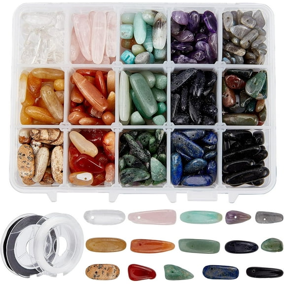 1 Box Chips Beads 15 Materials Chips rregular Beads Natural Gemstones Beads with 2 Rolls Elastic Thread