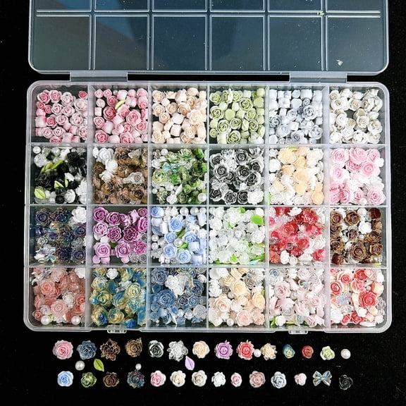 1 Box Colorful Resin Flowers Roses Nail Art Decorations Flowers Pearls Leaves Bows Mixed Nail Charms Manicure DIY Accessories