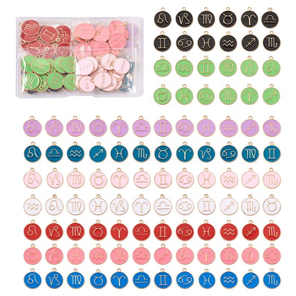 1 Box Craftdady 9 Sets 9 Colors Alloy Enamel Pendants Flat Round with Constellation Mixed Color 22x18x2mm Hole: 1.5mm 12pcs/set 1set/color