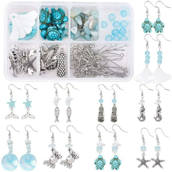 1 Box DIY 10 Pair Starfish Crab Mermaid Turquoise Earring Making Kit Summer Hawaii Ocean Beach Earrings Jewelry Making Supplies Christmas Beading Starter Kits for Women Adults Instruction