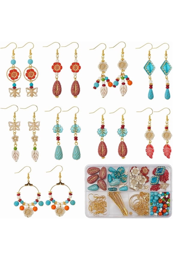 1 Box DIY 10 Pairs Boho Earring Making Kit Turquoise Charms Baroque Style Tibetan Gold Plating Metal Enlaced Spring Leaves Clear Flower Butterfly Charms