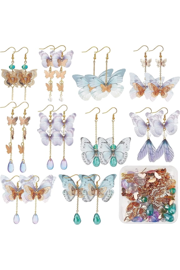 1 Box DIY 10 Pairs Butterfly Wing Charms Filigree Butterflies Charms Earring Making Starter Kits Fabric Insect Wings Charm Faceted Glass Beads for Jewelry Making Kit Adult Women Craft