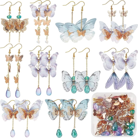 1 Box DIY 10 Pairs Butterfly Wing Charms Filigree Butterflies Charms Earring Making Starter Kits Fabric Insect Wings Charm Faceted Glass Beads for Jewelry Making Kit Adult Women Craft