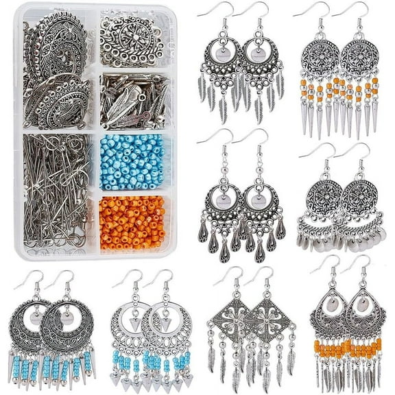 1 Box DIY 10 Pairs Chandelier Charms Earring Making Kit Boho Charms for Jewelry Making Feather Cone Pendants Flat Round Head Pins Eye Pins Jump Rings Silver Adult Women for DIY