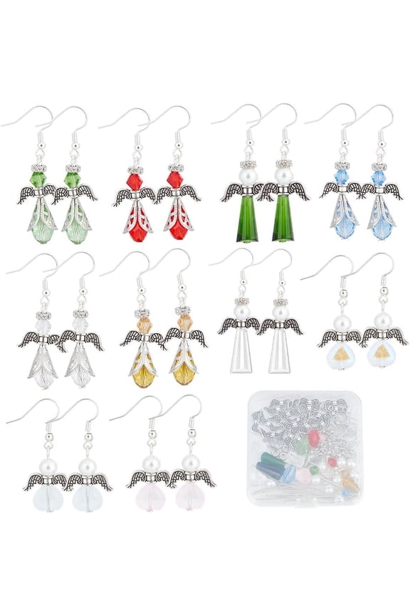 1 Box DIY 10 Pairs Christmas Angel Charms Colorful Guardian Angel Wing Beads Earrings Making Starter Kit Heart Beads Red Green Glass Bead Pearl Beads for Jewelry Making Beading Kits Women DIY