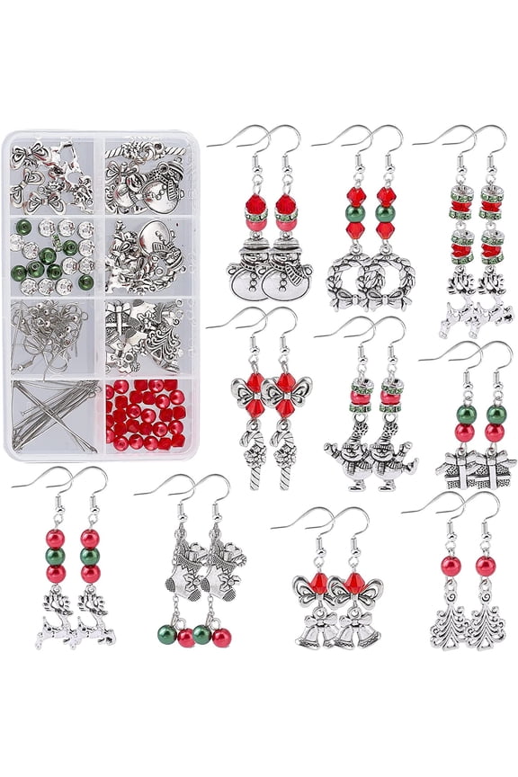 1 Box DIY 10 Pairs Christmas Charms Snowman Charms Earring Making kit Candy Cane Charms for Jewelry Making Reindeer Wreath Gift Box Jingle Bell Christmas Tree Charm Pendants Instruction Mixed Color