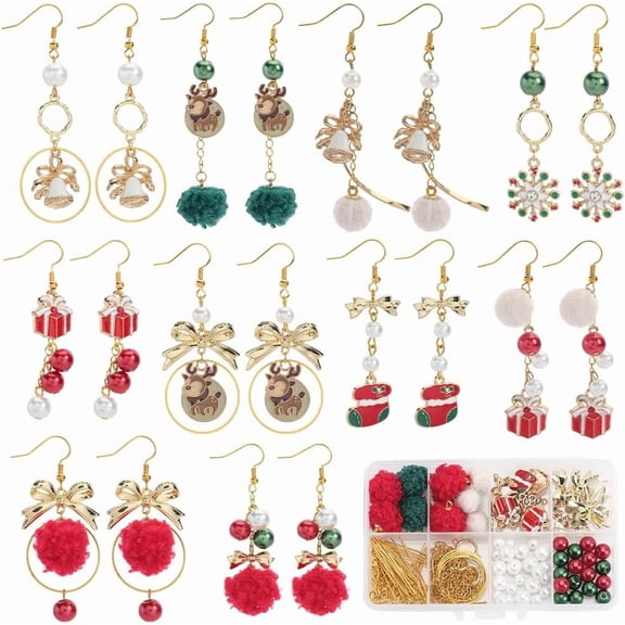 1 Box DIY 10 Pairs Christmas Earring Kit Christmas Enamel Charms Winter Socks Bell Deer Charm Bowknot Charm Xmas Charms Glass Pearl Beads for Jewelry Making Kits Adults Women Gifts Supplies Colorful