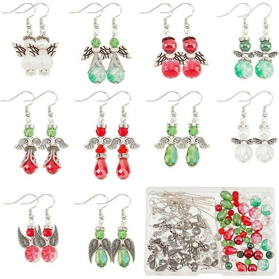 1 Box DIY 10 Pairs Christmas Earrings Set Beading Guardian Angel Charms Red Green Glass Crystal Beads Angel Wing Bead Crackle Xmas Loose Spacer Beads for Jewelry Making Kits Adult Women DIY