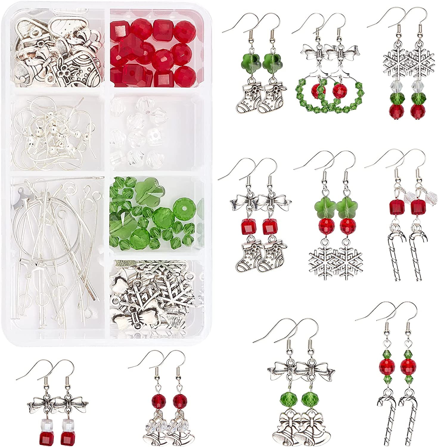 1 Box DIY 10 Pairs Christmas Electroplate Glass Beads Dangle Earring Making Kits Snowflake Bowknot Christmas Sock Candy Pendants Charms & Earring Hooks