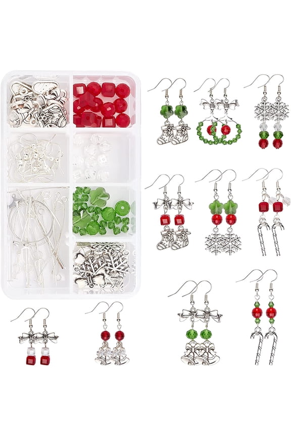 1 Box DIY 10 Pairs Christmas Electroplate Glass Beads Dangle Earring Making Kits Snowflake Bowknot Christmas Sock Candy Pendants Charms Earring Hooks for DIY Jewerly Making Xmas Earrings Mixed Color