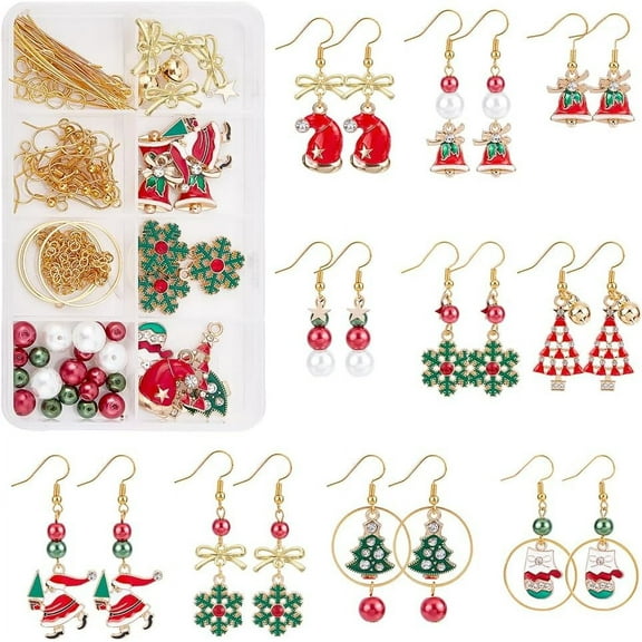 1 Box DIY 10 Pairs Christmas Enamel Charms Earring Making Kit Jingle Bell Pendants for Jewelry Making Rhinestone Christmas Charms Snowflake Santa Claus Bowknot Jewelry Connectors Adult Women diy