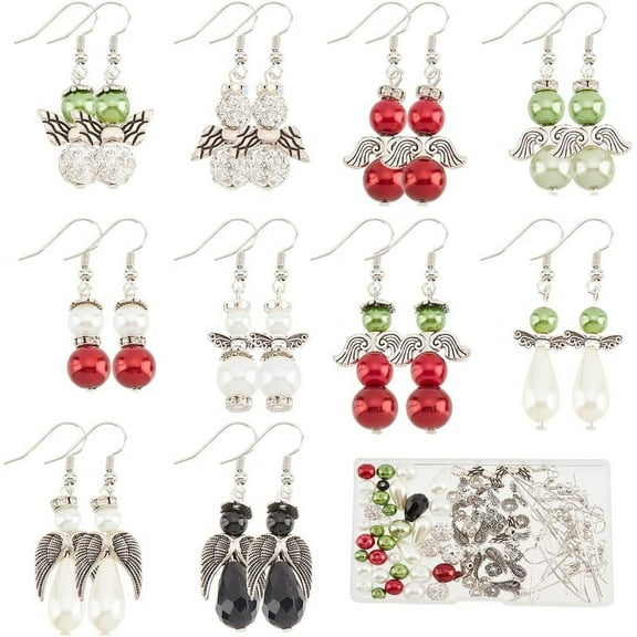 1 Box DIY 10 Pairs Christmas Guardian Angel Beads Snowman Earrings Making Kit Rhinestone Bead Red Green Xmas Loose Spacer Beads Wing Beads Earring Hooks for Jewelry Making Kits Adult Women