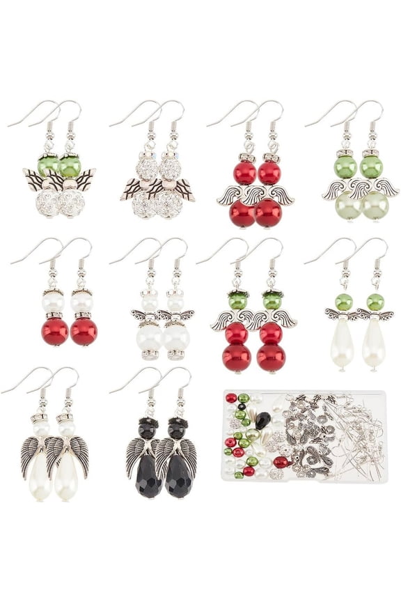 1 Box DIY 10 Pairs Christmas Guardian Angel Beads Snowman Earrings Making Kit Rhinestone Bead Red Green Xmas Loose Spacer Beads Wing Beads Earring Hooks for Jewelry Making Kits Adult Women