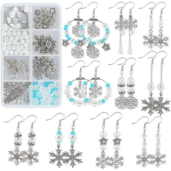 1 Box DIY 10 Pairs Christmas Snowflake Charms Earring Making Kit Winter Charms for Jewelry Making Alloy Snow Pendants Glass Beads Star Bead Adult Women Craft Silver Instruction for DIY