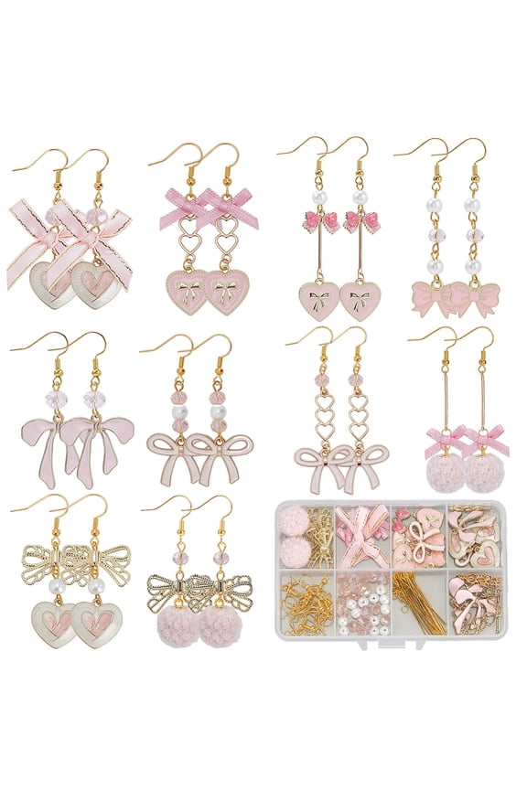1 Box DIY 10 Pairs Earring Making Kit Pink Charms Bowknot Charm Bulk Heart Link Connectors Bows Dangle Earrings Glass Spacer Beads