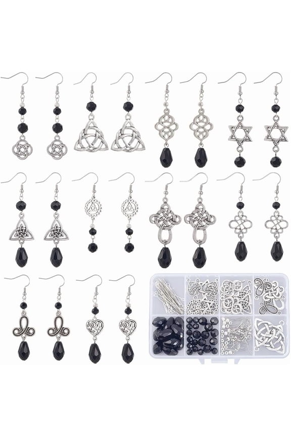 1 Box DIY 10 Pairs Earring Making Kits Celtics Knot Charms Traditional Irish Celtics Trinity Knot Charm Halloween Black Glass Spacer Beads for Jewelry Making Kits Adults Women Gifts Supplies