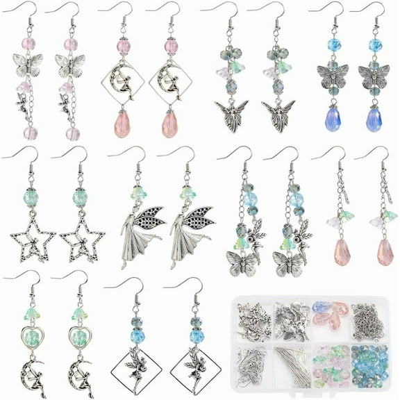 1 Box DIY 10 Pairs Earring Making Kits Fairy Charms Angel Wing Charm Chirstmas Guardian Angel Charms Flower Round Glass Spacer Beads for Jewelry Making Kits Adults DIY Gift Holiday Supplies colorful