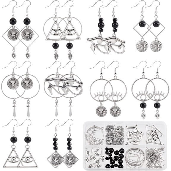 1 Box DIY 10 Pairs Egyptian Charms Eye of Horus Charm Symbol Ra Earring Making Kit Eye Charms Linking Ring Triangle Charm Faceted Glass Beads for Jewelry Making Kits Adult Women BeginnerBlack