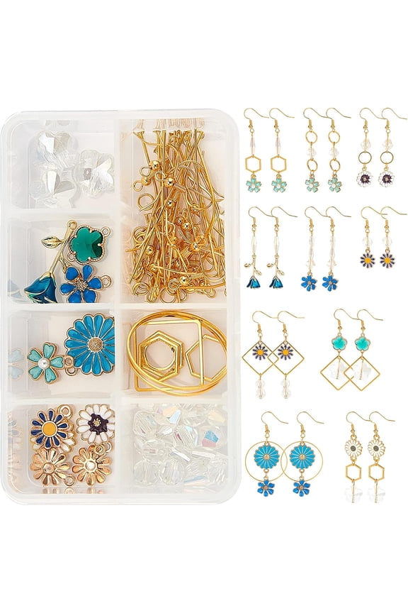 1 Box DIY 10 Pairs Enamel Flower Dangle Earring Making Kit Daisy Sunflower Rose Pendant Charms Geometric Drop Earrings Beads