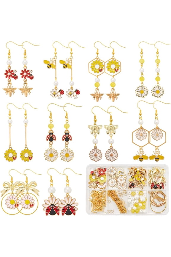 1 Box DIY 10 Pairs Flower Earring Making Kit Enamel Daisy Charms Alloy Spring Floral Animal Honeybee Bee Ladybug Bowknot Charm for Jewelry Making Kits Women Adults Starter Festival Supplies