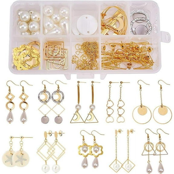 1 Box DIY 10 Pairs Geometric Hollow Earring Making Starter Kit Classic Round Square Heart Triangle Charm Connector Earring Stud Hooks Jewelry Making Supplies Craft Golden Instruction White