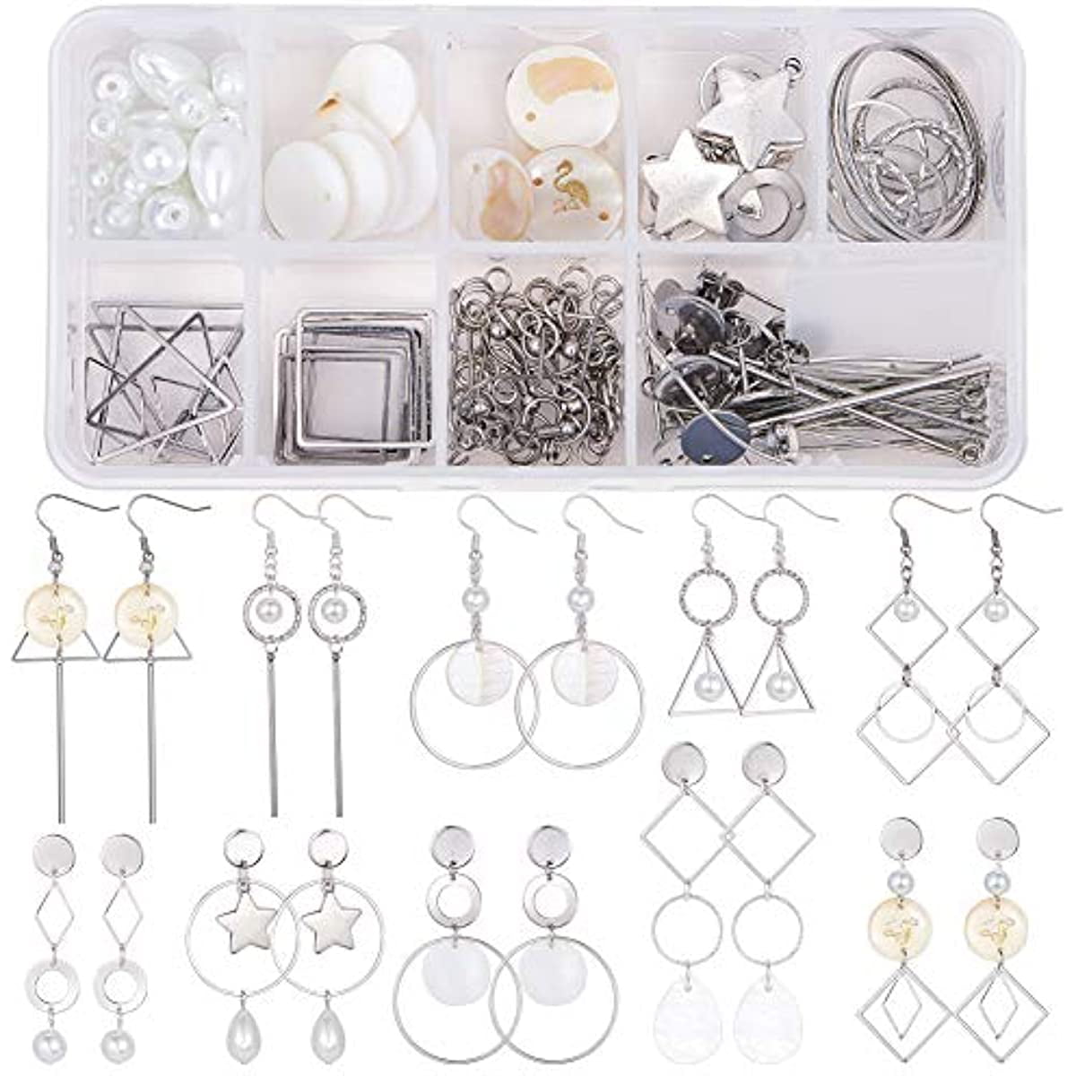 1 Box DIY 10 Pairs Geometric Hollow Earring Making Starter Kit Shell Ring  Round Square Star Triangle Charm Connector Earring Stud Hooks Jewelry  Making Supplies Craft Silver Instruction 