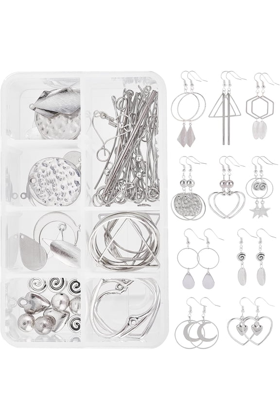 1 Box DIY 10 Pairs Heart Charms Valentine's Day Earring Making Starter Kit Love Charms Hollow Heart Linking Rings Stamping Charm Star Moon Charm for Jewelry Making Kits Adult Beginners DIY Platinum