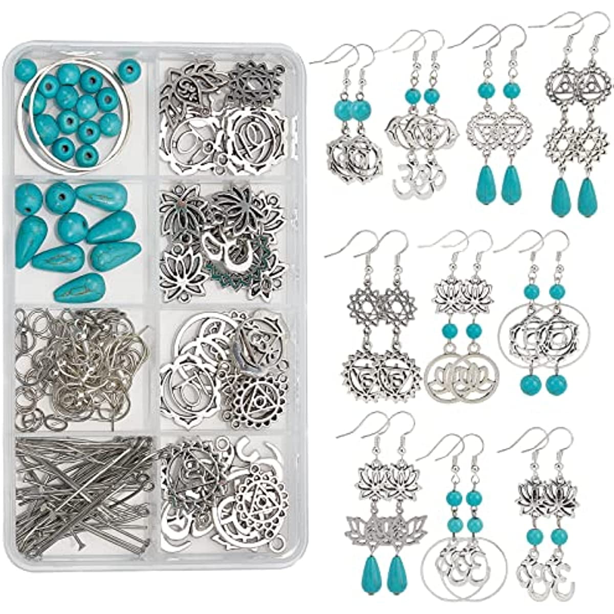 1 Box DIY 10 Pairs Indian Charka Energy Charms Yoga OM Charm Earring Making  Kit Lotus Flower Charms for Jewelry Making Meditation Charm Synthetic  Turquoise Beads Adult Women Instruction 