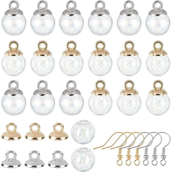 1 Box DIY 10 Pairs Mini Empty Clear Glass Globe Bottle Vial Wish Glass Ball 20Pcs Plastic Pendant Bails & Earring Hooks for DIY Charms Stud Earring Jewellery Making Silver & Golden