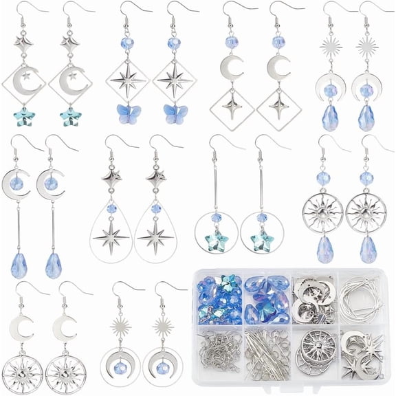 1 Box DIY 10 Pairs Moon Earring Making Kit Silver Moon Star Charms Blue Glass Moon Sun Clear Star Brass Connectors Charm with Teardrop Square Beading Hoop for Jewelry Making Dangle Supplies