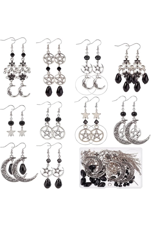 1 Box DIY 10 Pairs Moon Star Charms Gothic Style Earrings Making Starter Kit Chandelier Charm Faceted Black Beads Crescent Pendants for Jewelry Making Kits Adult Women Handmade Gift diy