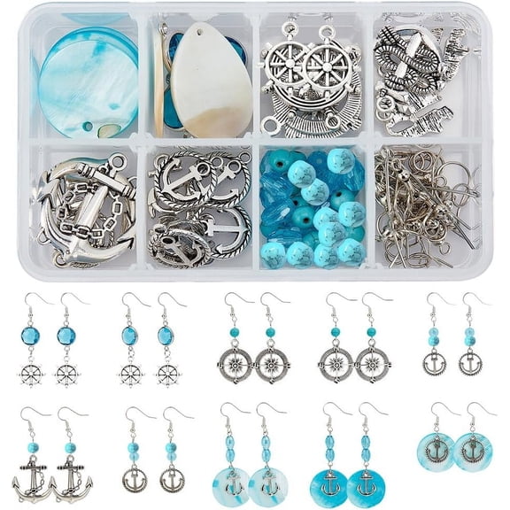 1 Box DIY 10 Pairs Navigation Themed Earring Making Kit Anchor Charms Sailing Boat Pendants Freshwater Shell Charms Turquoise Beads Earring Hooks for Handmade Earrings Beginner Silver DIY