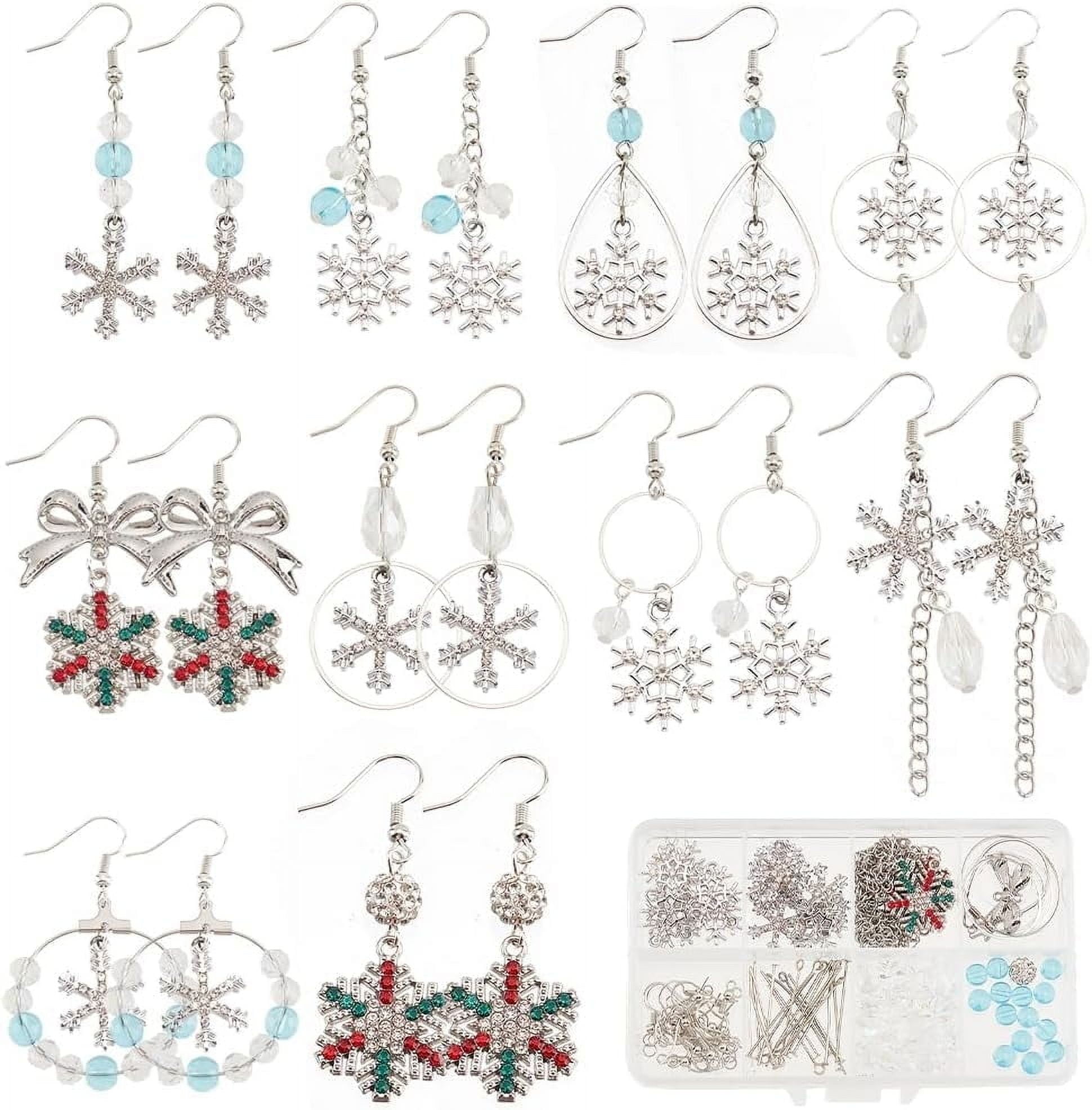 1 Box DIY 10 Pairs Rhinestone Snowflake Charms Christmas Earrings Making Kit Winter Charm Linking Rings Bowknot Connector Charms Faceted Glass Crystal Beads for Jewelry Making Kits Adult