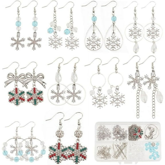 1 Box DIY 10 Pairs Rhinestone Snowflake Charms Christmas Earrings Making Kit Winter Charm Linking Rings Bowknot Connector Charms Faceted Glass Crystal Beads for Jewelry Making Kits Adult