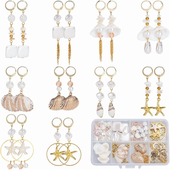 1 Box DIY 10 Pairs Shell Earrings Kit Real 18K Gold Huggie Findings Ocean Themed Electroplate Natural Spiral Shells Alloy Enamel Light Golden Starfish Bead Charm for Jewelry Making Kits for diy